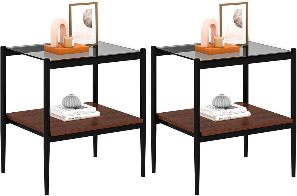ODUSE-DAILY Coffee Table and End Table 3 Piece Living Room Set, Black Metal Frame Glass Top End Tables, Square Top Shelf, Sofa or Couch Side Tables, Mesa de Centro para Sala (3 Pcs)