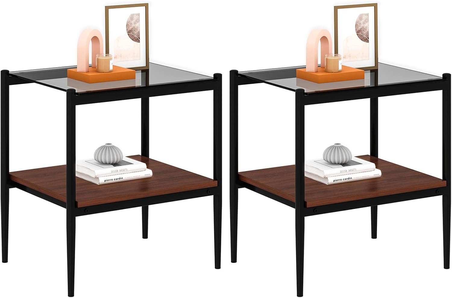 ODUSE-DAILY Coffee Table and End Table 3 Piece Living Room Set, Black Metal Frame Glass Top End Tables, Square Top Shelf, Sofa or Couch Side Tables, Mesa de Centro para Sala (3 Pcs)