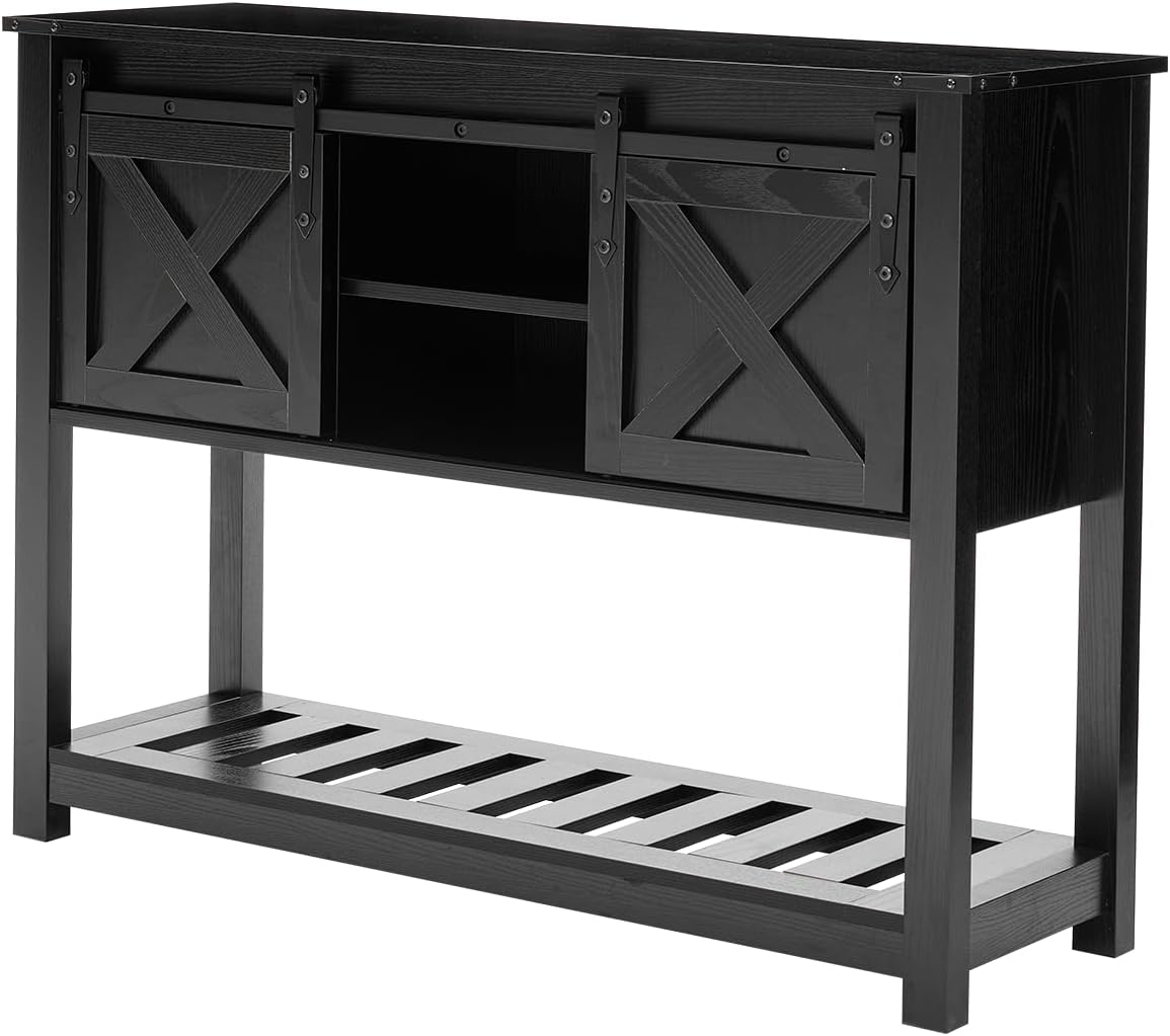 Entryway Table with Sliding Barn Doors, 43' Farmhouse Console Table with Storage Shelf, Behind Couch Sofa for Hallway, Entryway, Foyer, Black