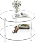 Acrylic Round Coffee Table, 23.6' Wide Modern Tea Table with Storage Shelf, 2-Tier Circle Center Table for Living Room, Office Reception and Apartment (Clear)