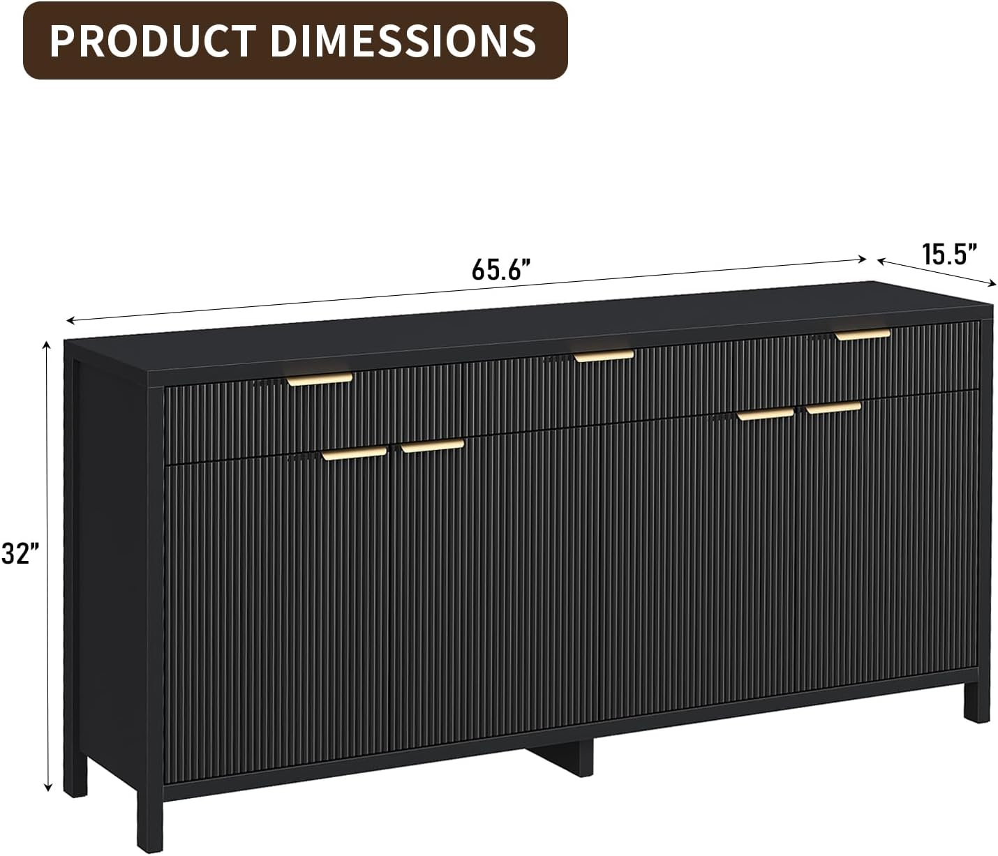 Yanosaku 66' W Fluted Buffet Cabinet, Sideboard Storage Cabinet with 3 Drawers & 2 Cabinets, Mid-Century Coffee Bar Table for Living Room, Black