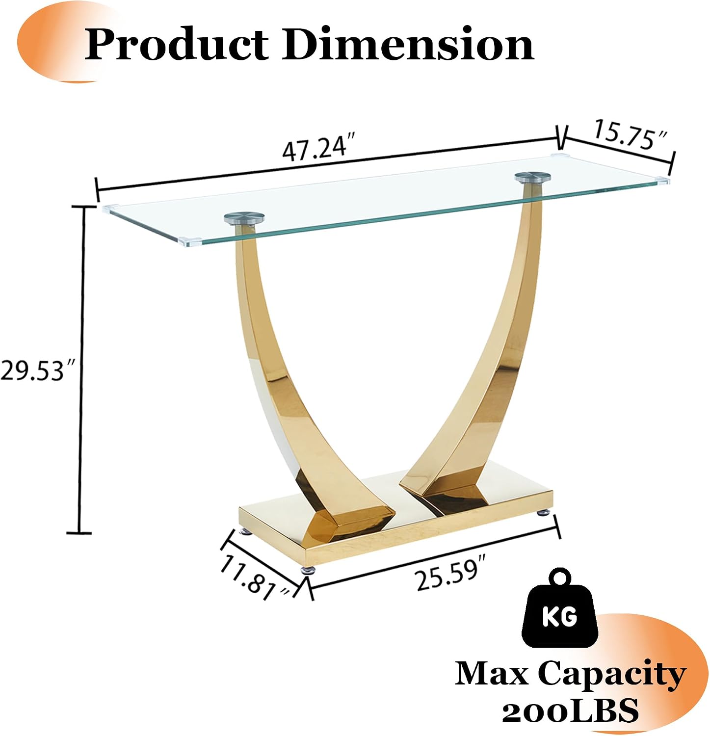 47' Glass Console Table, Modern Rectangular Sofa Table with Tempered Glass Top and Gold Horn-Shaped Stainless Steel Base for Living Room, Entryway, Hallway