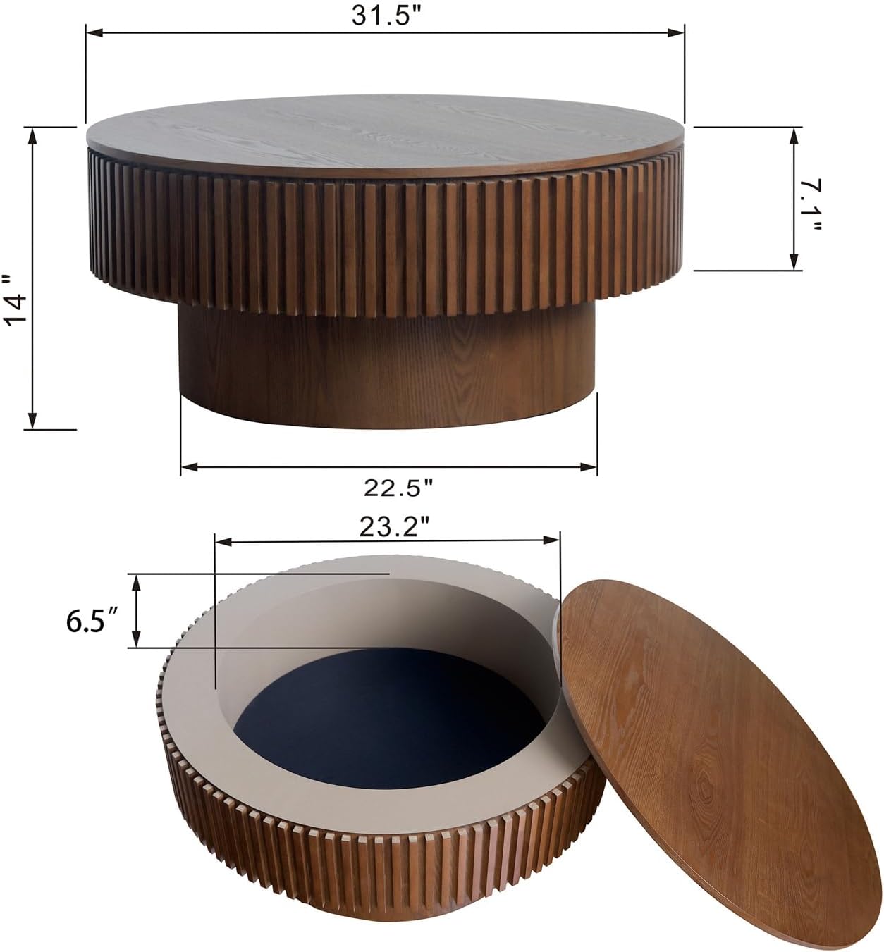31.5'' Round Coffee Table for Living Room, Fluted Coffee Table with Hidden Storage, Solid Wood Veneered Circle Table, Modern Tea Table for Small Space Apartment (Walnut-31.5''D×14''H)