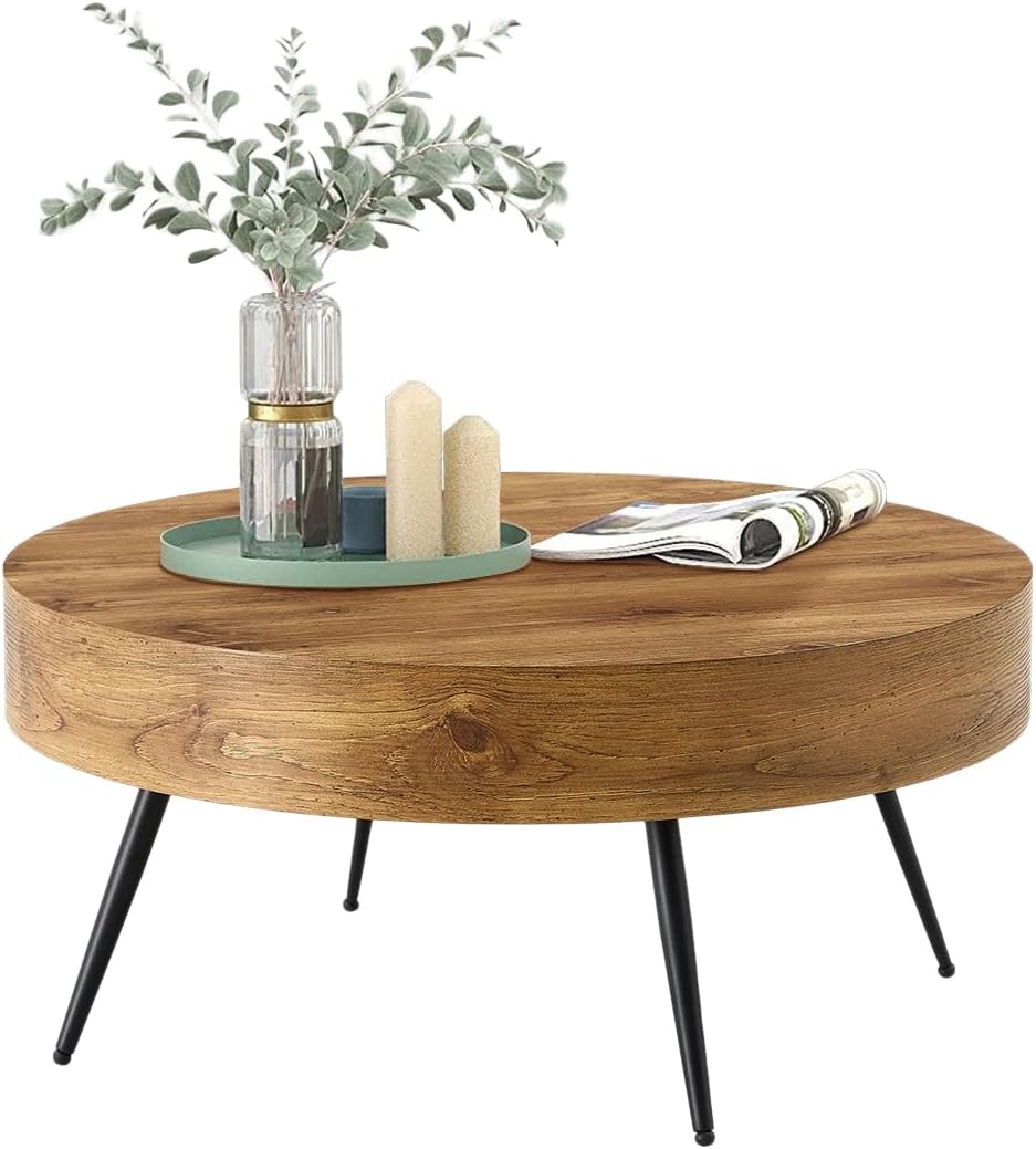 Round Coffee Table, Small Wood Coffee Table with Storage, Modern Mid Century Circle Tables Accent Center Tables for Living Room Apartment Small Space (31.5''D-Brown)