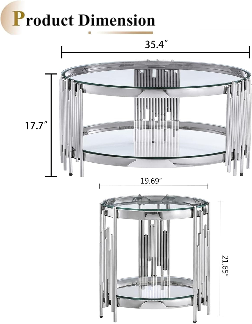 Luxury Glass Round Coffee Table Set of 2, Glass Circle Coffee Table and Clear Glass Side Table with Silver Stainless Steel Base, 2 Piece Living Room Coffee Table Set for Apartment Bedroom