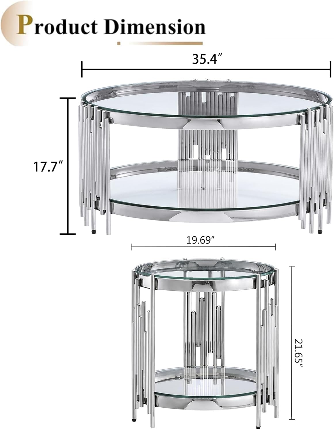 Luxury Glass Round Coffee Table Set of 2, Glass Circle Coffee Table and Clear Glass Side Table with Silver Stainless Steel Base, 2 Piece Living Room Coffee Table Set for Apartment Bedroom