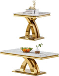 2 Pieces Living Room Table Set, Faux Marble Coffee Table Set of 2, Modern Coffee Table and End Table with X-Shaped Stainless Steel Base for Living Room (White Gold)