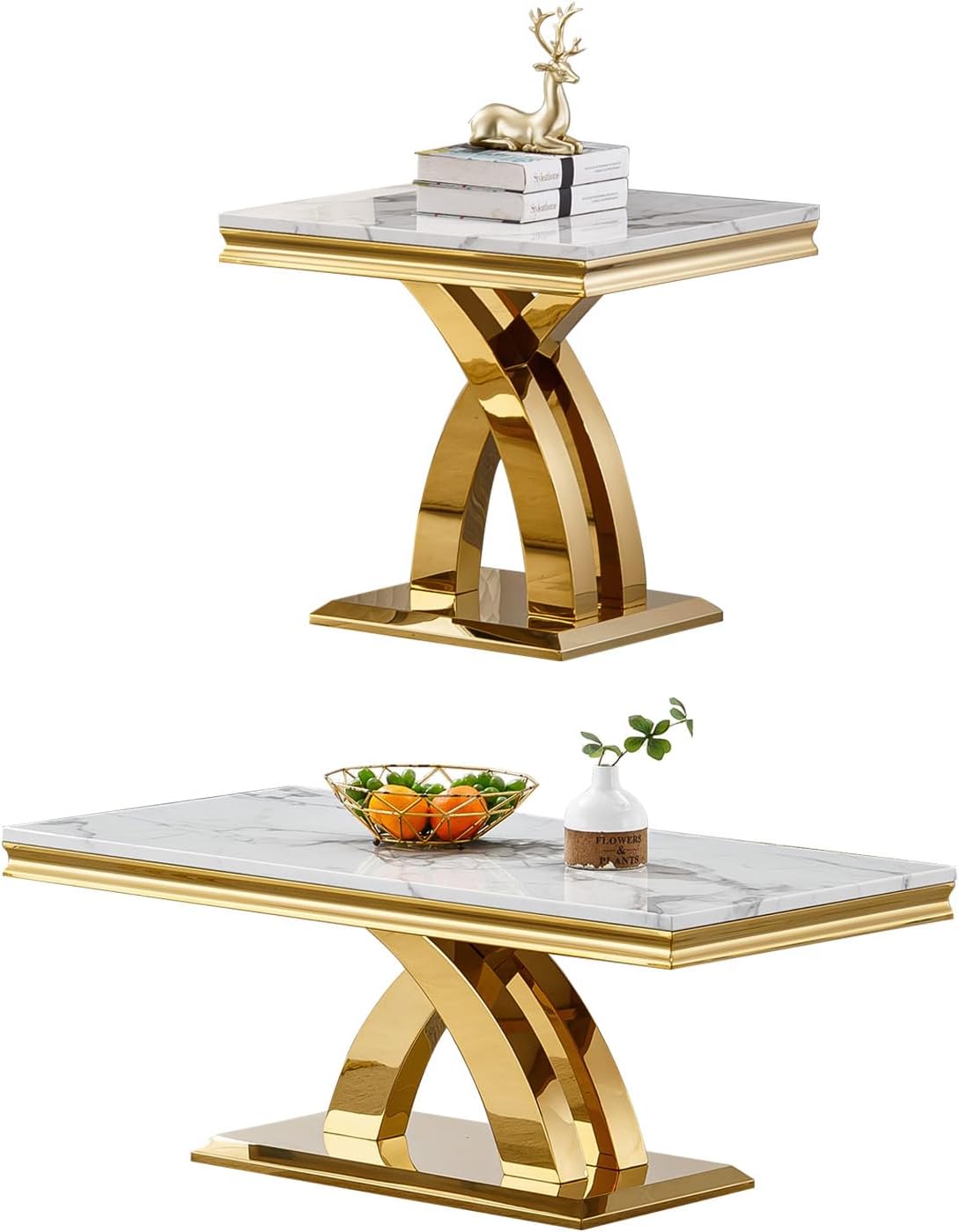 2 Pieces Living Room Table Set, Faux Marble Coffee Table Set of 2, Modern Coffee Table and End Table with X-Shaped Stainless Steel Base for Living Room (White Gold)