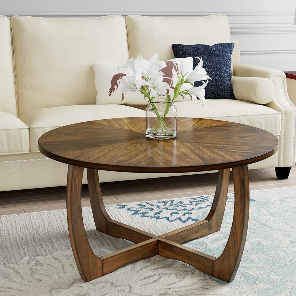Round Wood Coffee Table, Solid Hardwood Coffee Tables for Living Room, Mid-Century Modern Coffee-Table with Criss-Cross Legs, 33.5' D x 17.7' H, Designed Home Furniture, Easy Assembly, Center Table