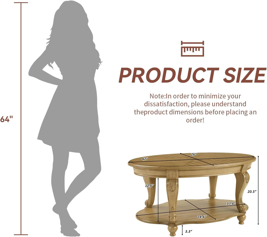 LKTART Round Coffee Table, 42' Oval Coffee Table with Storage, Victorian Center Table with Carved Legs, 2-Tier Cocktail Table for Living Room, Antique Natural