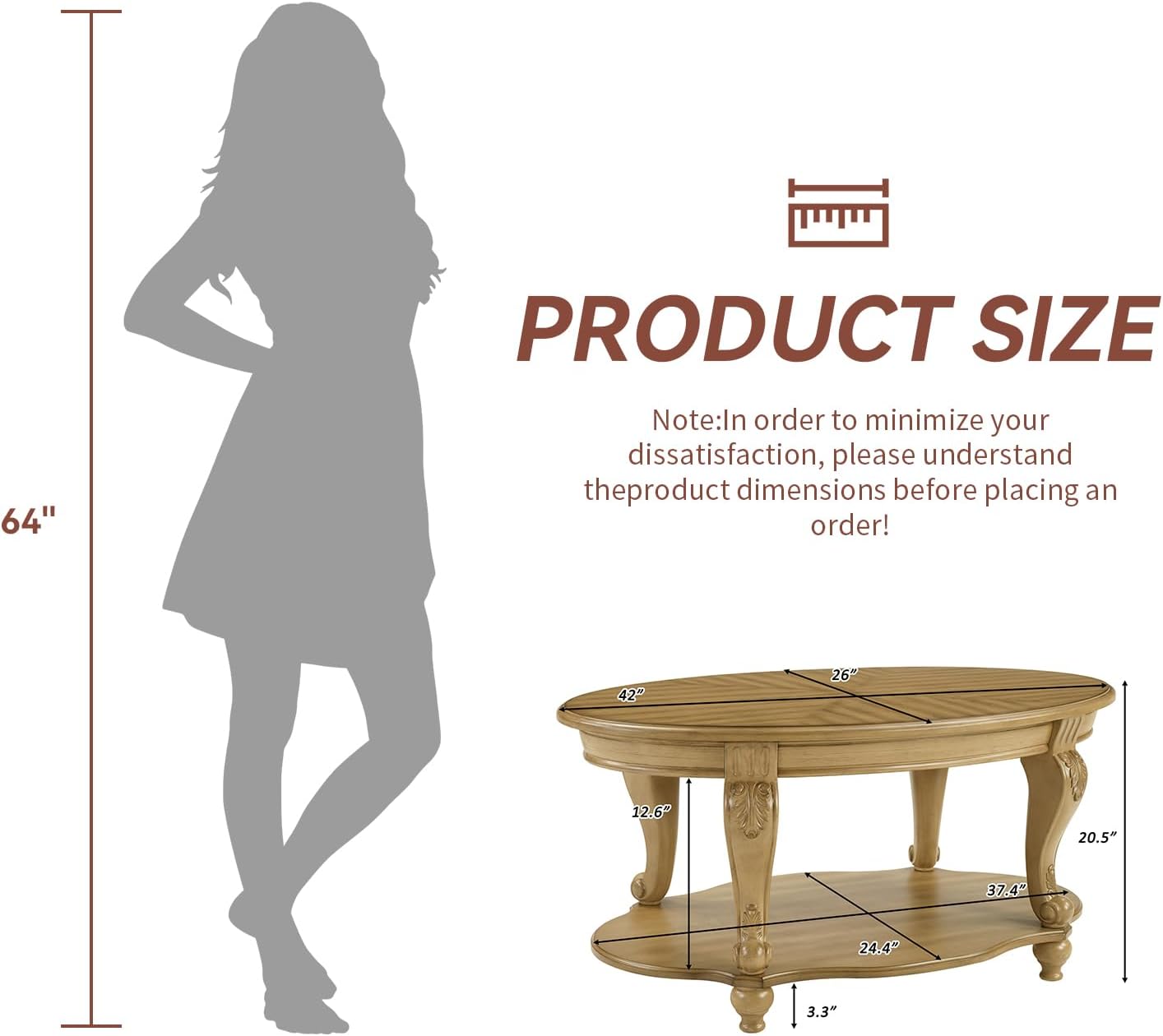 LKTART Round Coffee Table, 42' Oval Coffee Table with Storage, Victorian Center Table with Carved Legs, 2-Tier Cocktail Table for Living Room, Antique Natural