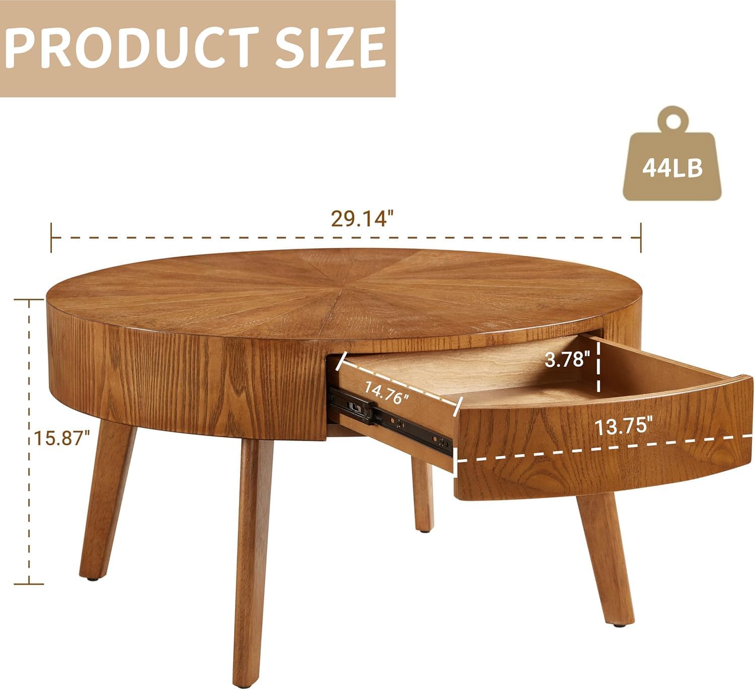 Round Wood Coffee Table for Living Room, Modern Wood Table with Storage, Wooden Circle Coffee Table, 29.14' L x 29.14' W x 15.87' H
