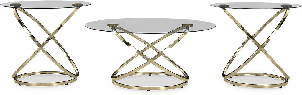 Signature Design by Ashley Crimonti Modern Table with Tempered Glass, Set of 3, Metallic & Clear