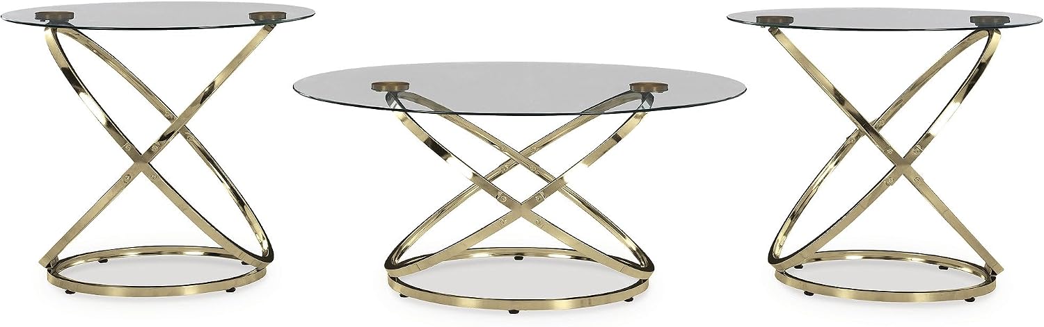 Signature Design by Ashley Crimonti Modern Table with Tempered Glass, Set of 3, Metallic & Clear
