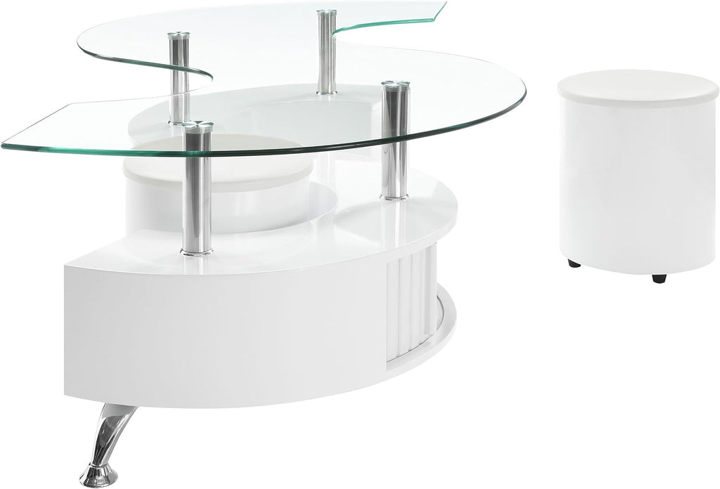 Coaster Home Furnishings - Buckley - Wood and Glass - 3-Piece Coffee Table and Stools Set - Curved Serpentine Shape, Faux Leather Upholstered Stools - Living Room - 51-Inch - White High Gloss - 703400