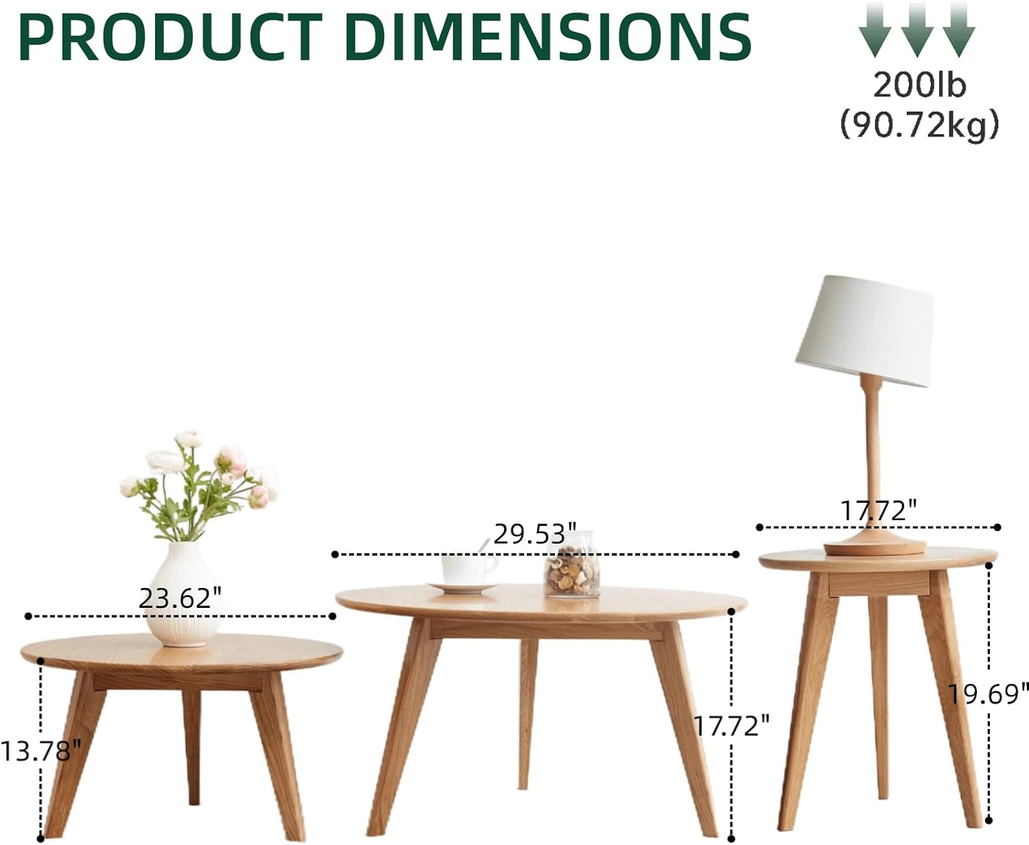 100% Solid Oak Wood Coffee Table Set, Round Coffee Table Combo Side Table w/Solid Wood Legs, Mid Century Table Sturdy Tables for Bedroom Balcony Living Room (Natural, 3 Pieces)