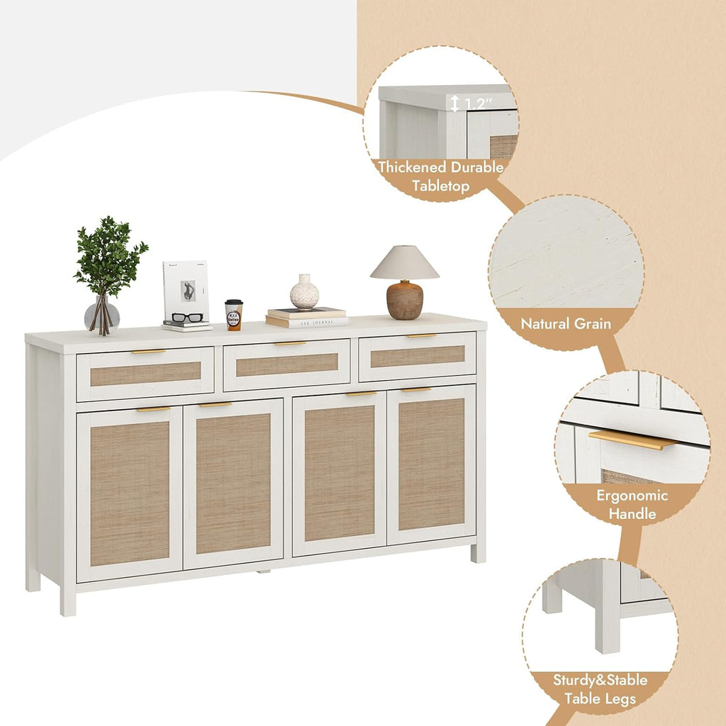 HOKYHOKY Rattan Sideboard Buffet Cabinet, Boho Storage Cabinet with Adjustable Shelves, Farmhouse Credenza Coffee Bar Cabinets with 4 Doors & 3 Drawers for Living Room, Hallway & Kitchen
