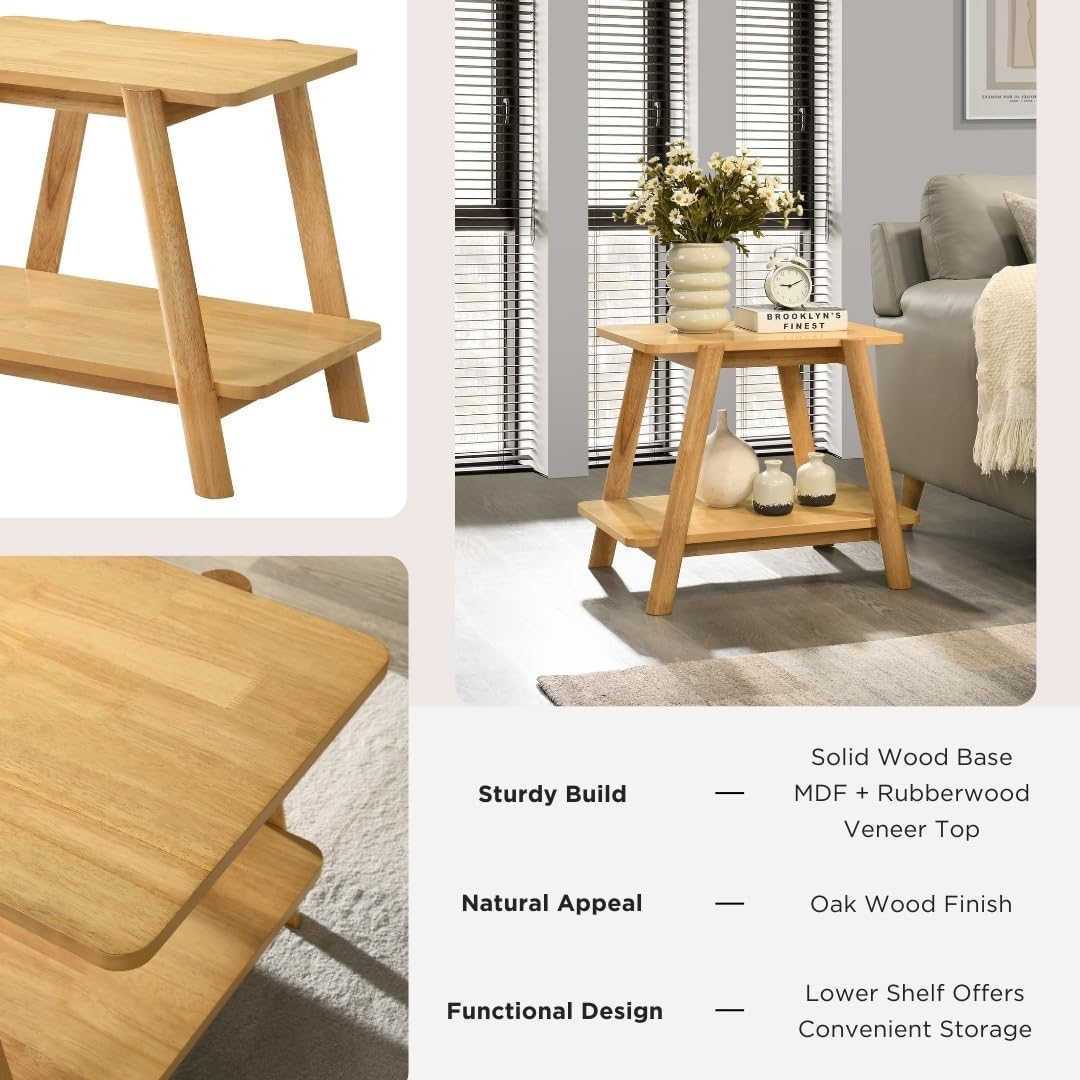 Roundhill Furniture Metz 3-Piece Coffee Table Set, Coffee Table and Two End Tables, Natural Oak Finish