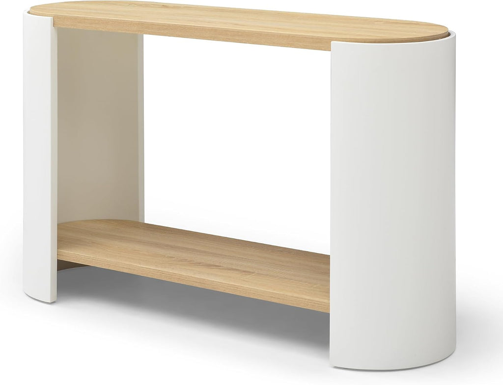 48'' End Table for Living Room, Modern Wood Side Table with 2-Layer Storage Shelves, Contemporary Unique Sofa Table for Apartment, Small Space, Easy Assembly, Natural White