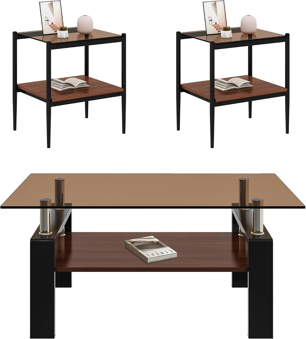 Modern Glass Coffee Table and End Table Sets of 3, Living Room Tables Set with Walnut Wooden MDF Layer, 39' Rectangle Brown Top, Black Metal Legs