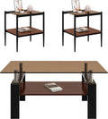 Modern Glass Coffee Table and End Table Sets of 3, Living Room Tables Set with Walnut Wooden MDF Layer, 39' Rectangle Brown Top, Black Metal Legs