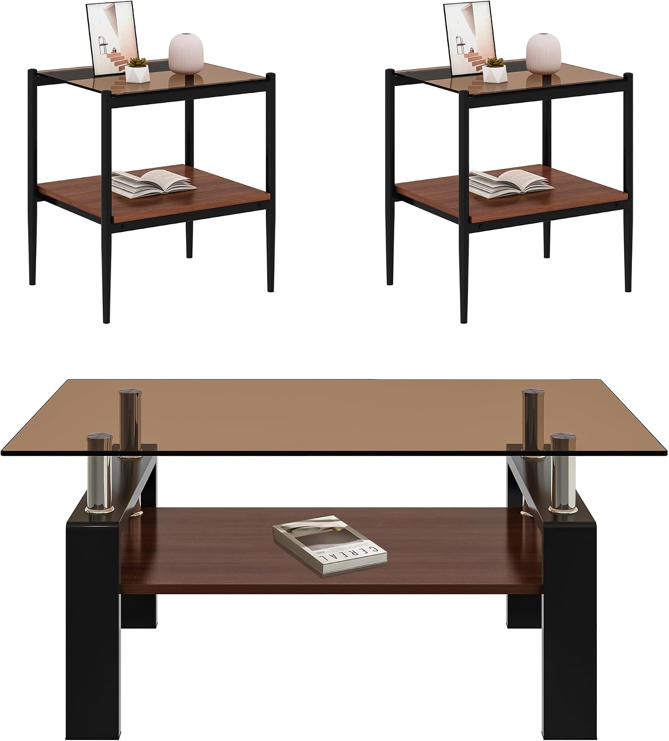Modern Glass Coffee Table and End Table Sets of 3, Living Room Tables Set with Walnut Wooden MDF Layer, 39' Rectangle Brown Top, Black Metal Legs