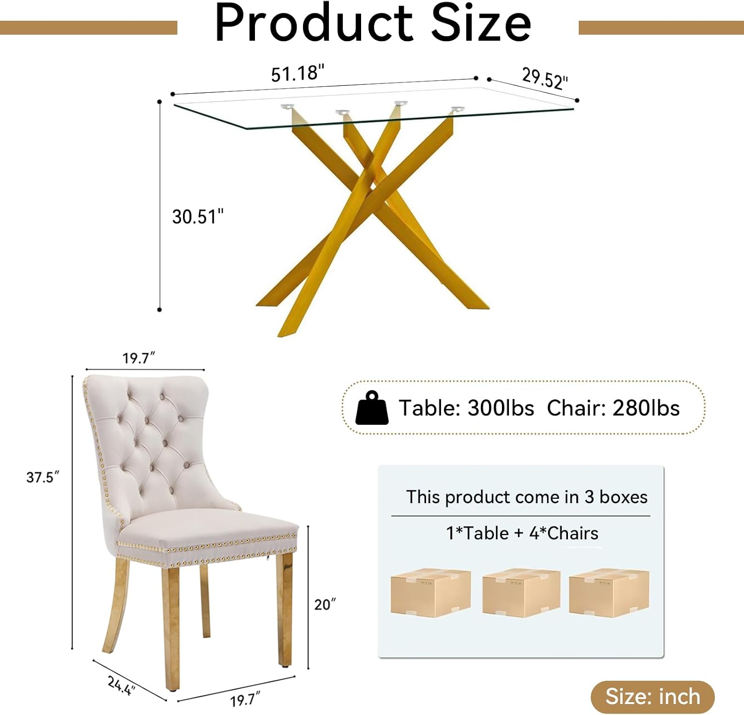 51' Modern Dining Table Set for 4, Rectangular Tempered Glass Dining Table and 4 Beige Velvet Dining Chairs, Luxury 5 Piece Kitchen Dining Room Tables Set with Gold Chrome Metal X-Base