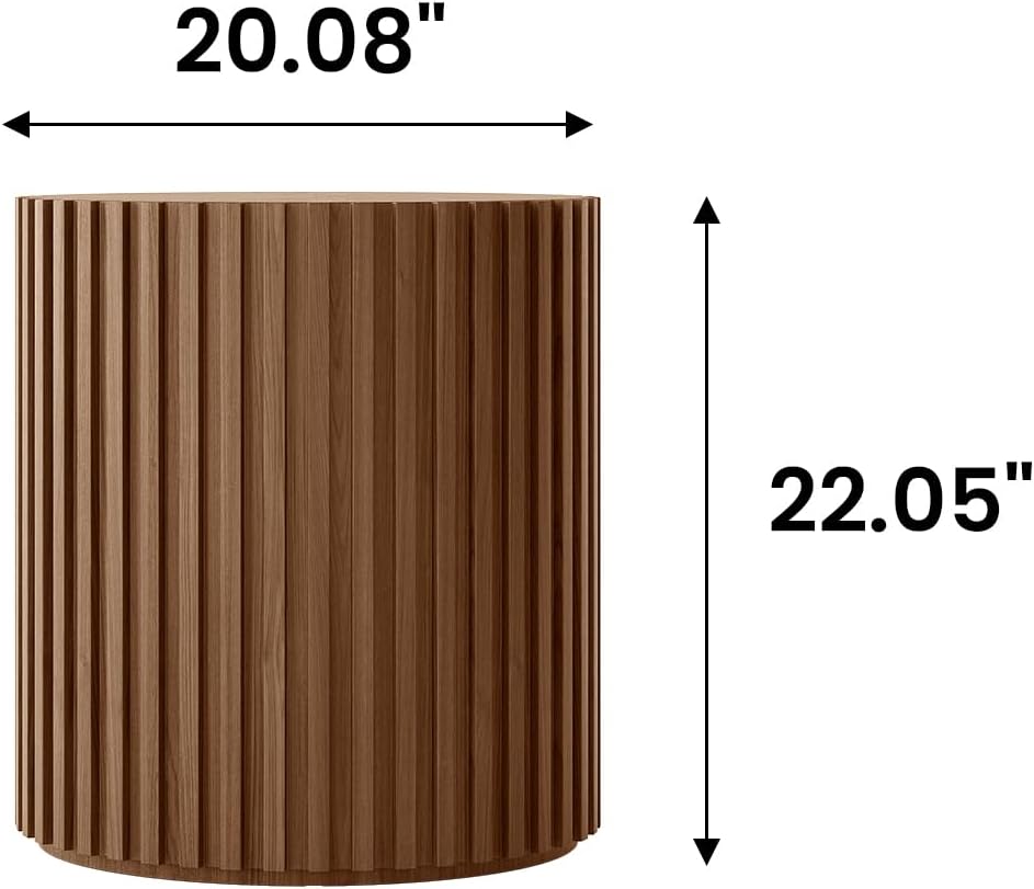 POVISON Round Coffee Side Table, Mid Century Wood End Table, Fluted Side Table for Living Room Bedroom Office, 20.08', Light Walnut