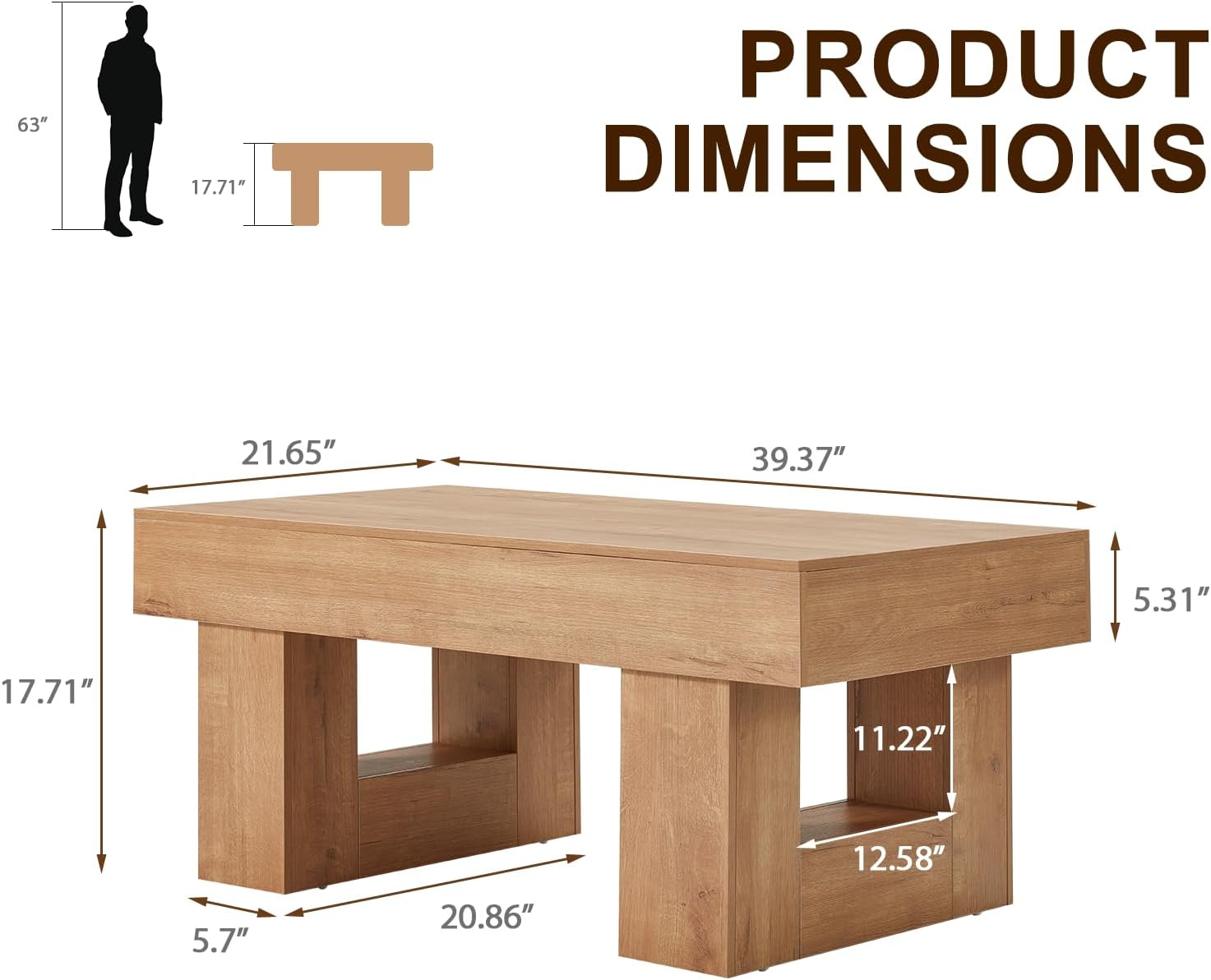 EROMMY 39' Minimalist Farmhouse Coffee Table for Living Room, Wooden Rectangular Accent Center Tables with Thick Tabletop, Rustic Modern Low Cocktail Tea Furniture with Thick U-Shaped Base (Natural)
