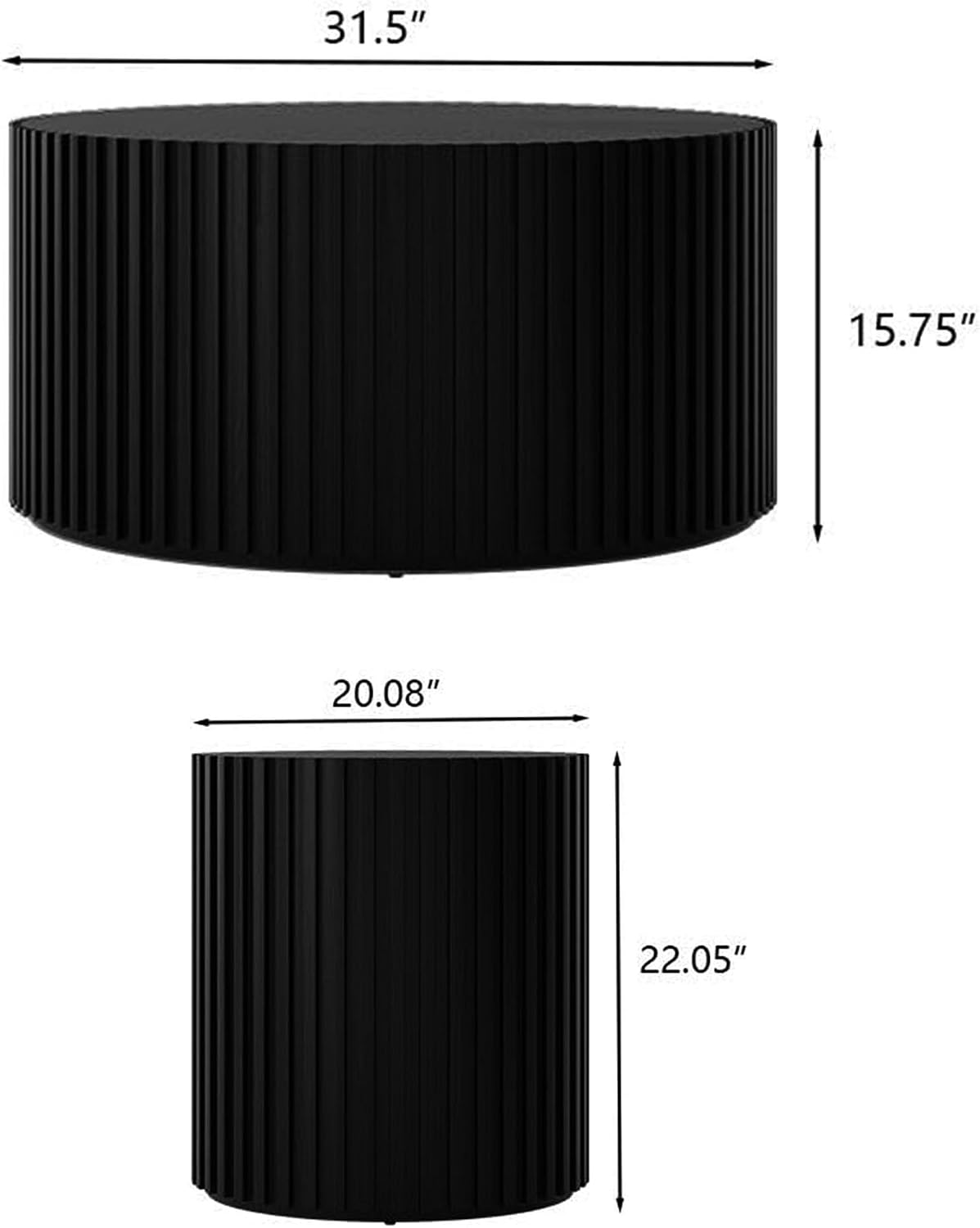 POVISON Round Coffee Side Table, Mid Century Wood End Table, Fluted Side Table for Living Room Bedroom Office, 20.08', Black