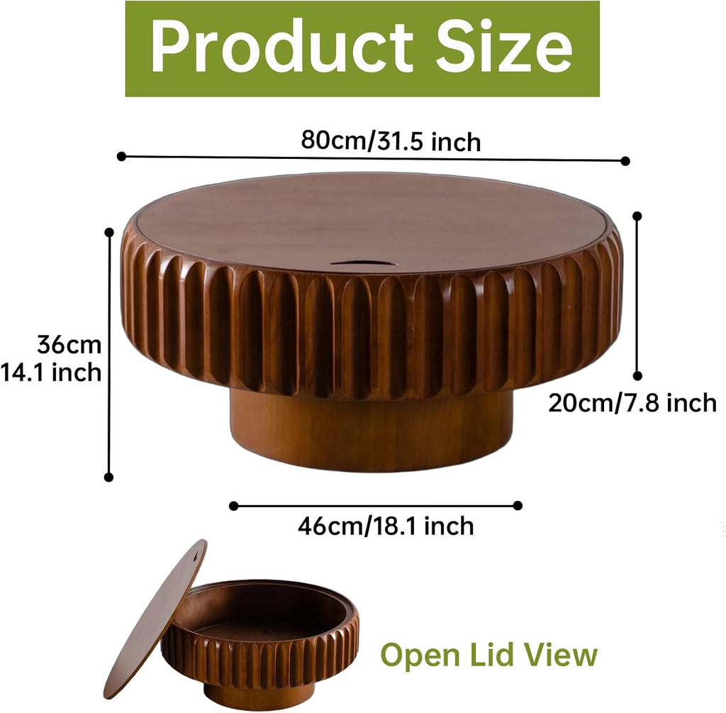 Round Wood Fluted Coffee Table with Storage, 31' Round Fluted Coffee Table with Flip-Top Lid Mid Century Modern Low Circle Drum Coffee Tables for Living Room (Brown, 31 inch)