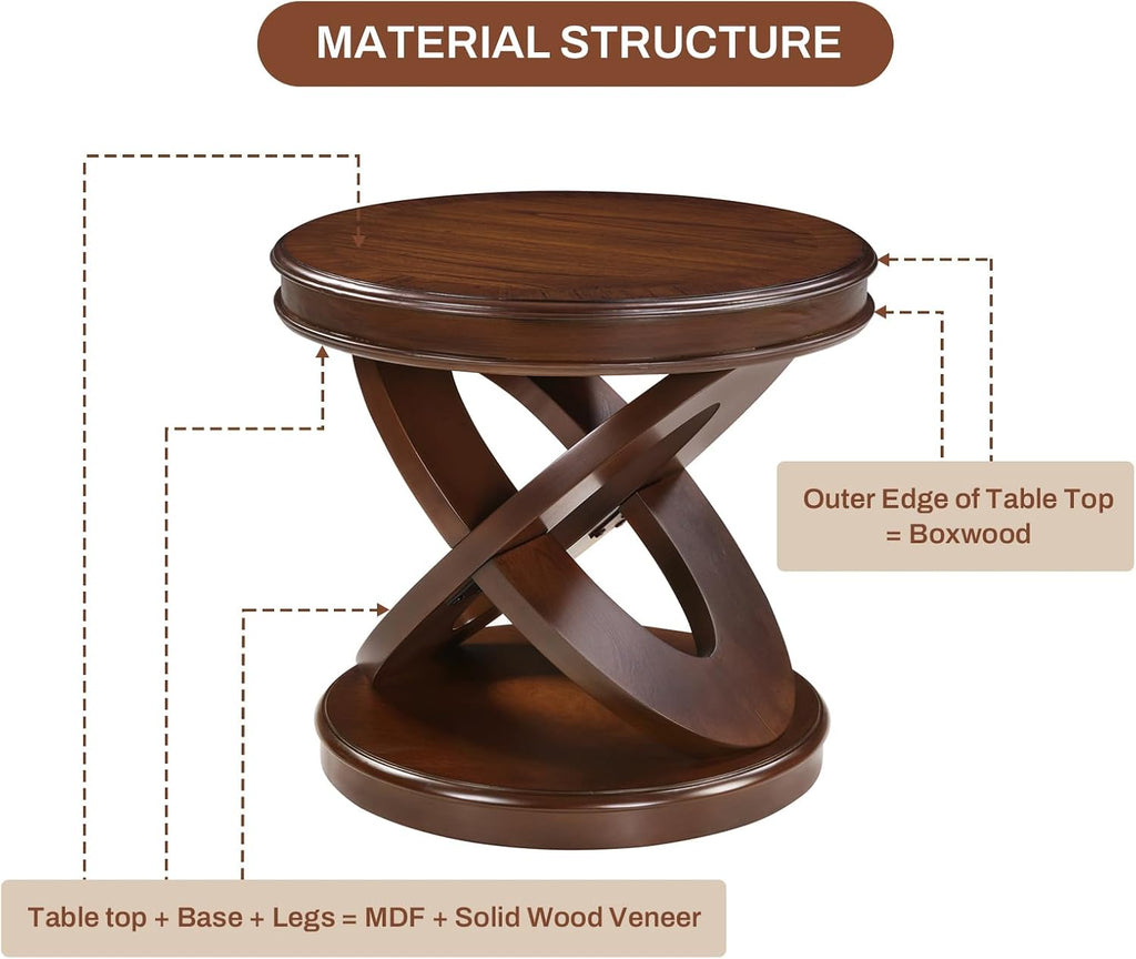 LKTART Round Wood End Tables for Living Room 22 Inch, X-Shaped Walnut Small Sofa Side Table, Vintage End Table for Small Space, Easy to Install(Walnut,22 Inch)