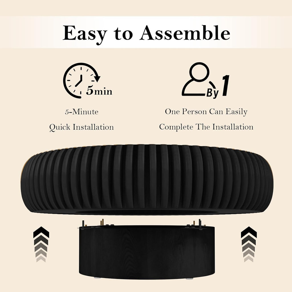 31.49' Round Fluted Coffee Table Unique Contemporary Wood Low Circle Drum Tea Tables with Sturdy Pedestal for Small Space (H Black 31.49in)