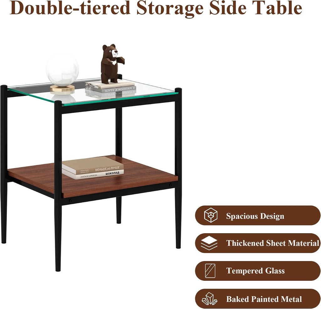 Glass Coffee Table Sets of 3 Modern Brown Living Room Table Set End Tables with Black Metal Legs & Wood Walnut Bottom Shelf, Center Cocktail Furniture, Clear + Brown
