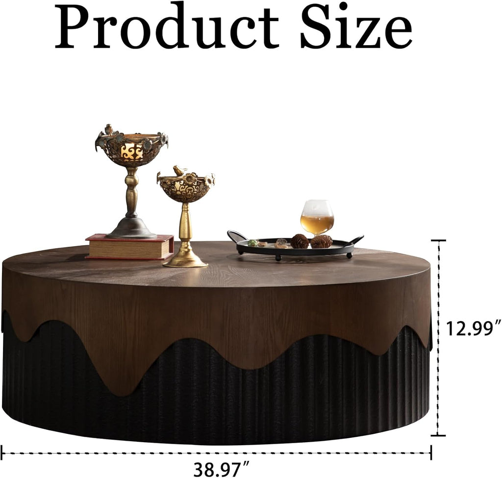 38.97'' Handcrafted Round Coffee Table for Living Room, Modern Mid-Century Circle Drum Wood Coffee Table, Easy Assembly, Black & Walnut