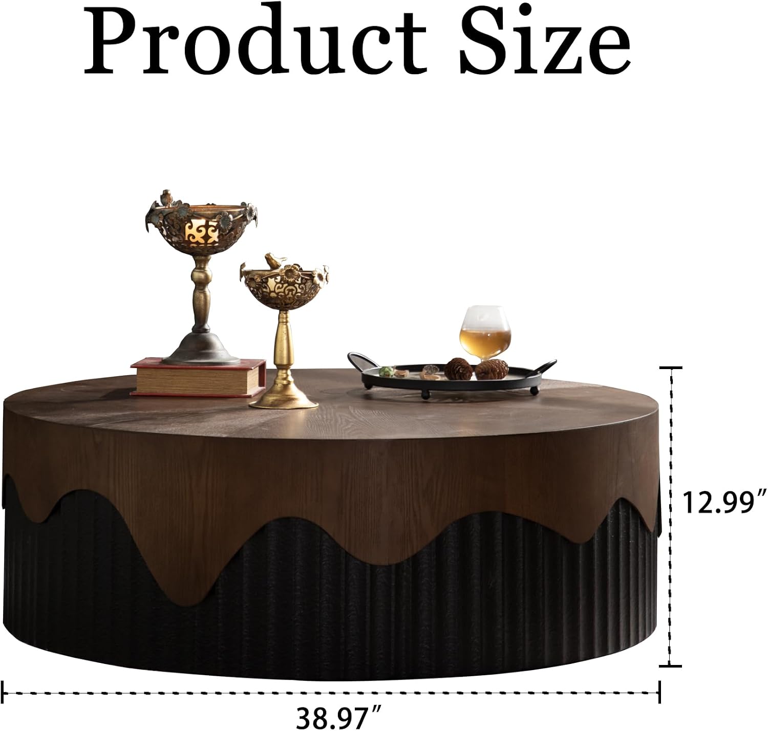 38.97'' Handcrafted Round Coffee Table for Living Room, Modern Mid-Century Circle Drum Wood Coffee Table, Easy Assembly, Black & Walnut