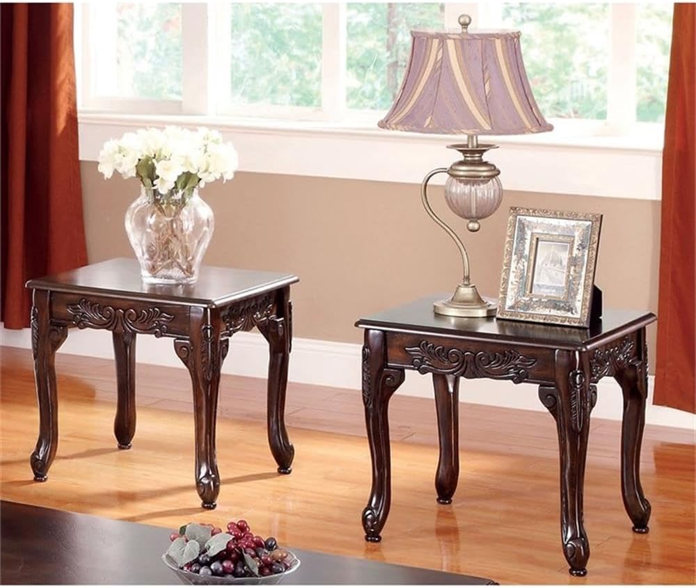 BOWERY HILL Traditional Solid Wood Coffee Table Set, 4-Piece, Dark Cherry Finish, Rectangle Shape, Cabriole Legs, Intricate Scrollwork Design for Living Room or Family Room Use
