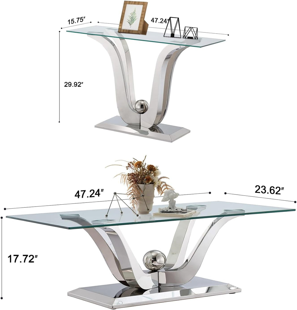 Modern Silver Glass Coffee Table Set of 2, Clear Glass Coffee Table and Console Sofa Table Set with Stainless Steel Frame, Luxury Silver 2 Piece Living Room Table Set for Home Office Apartment