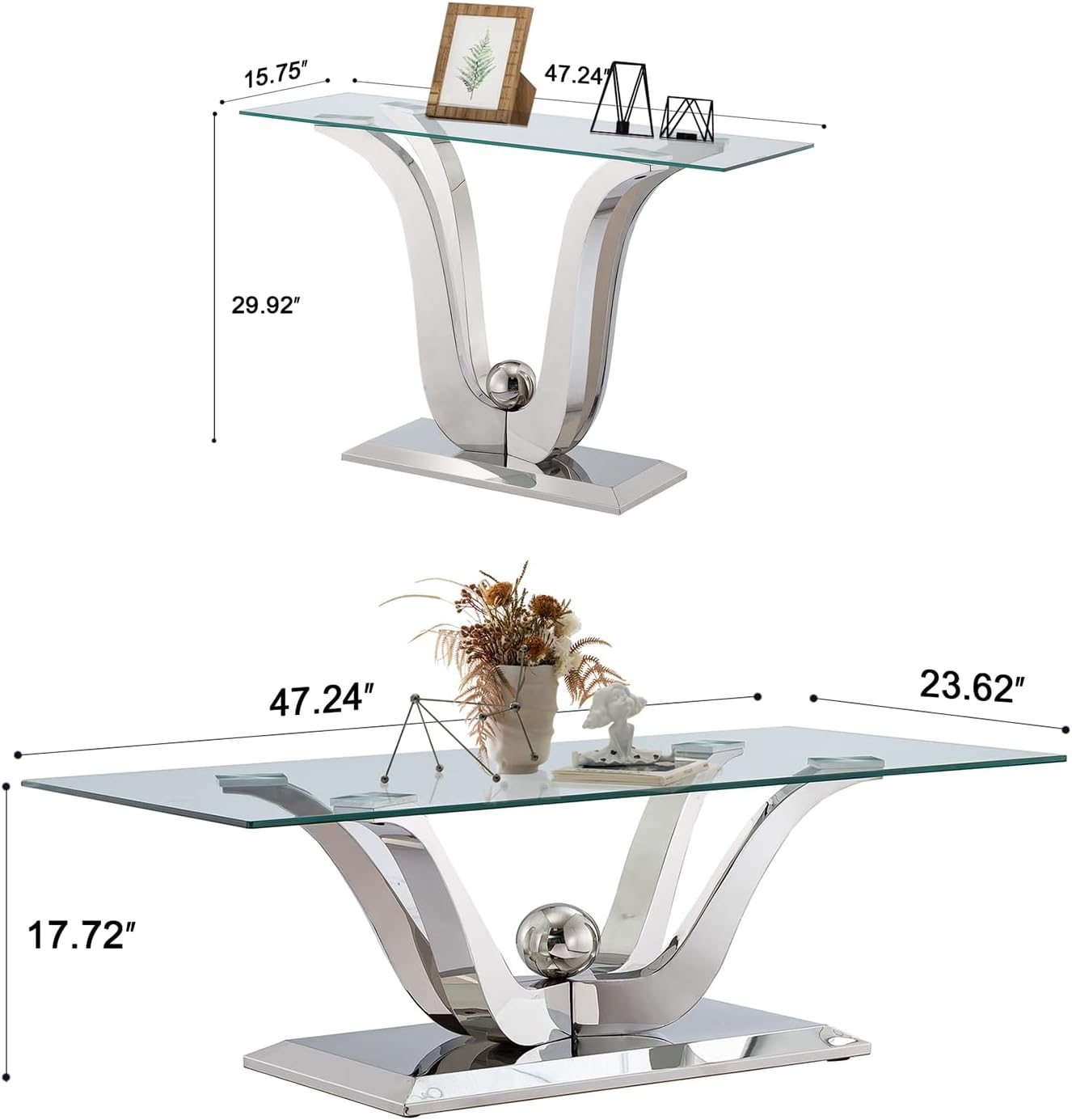 Modern Silver Glass Coffee Table Set of 2, Clear Glass Coffee Table and Console Sofa Table Set with Stainless Steel Frame, Luxury Silver 2 Piece Living Room Table Set for Home Office Apartment