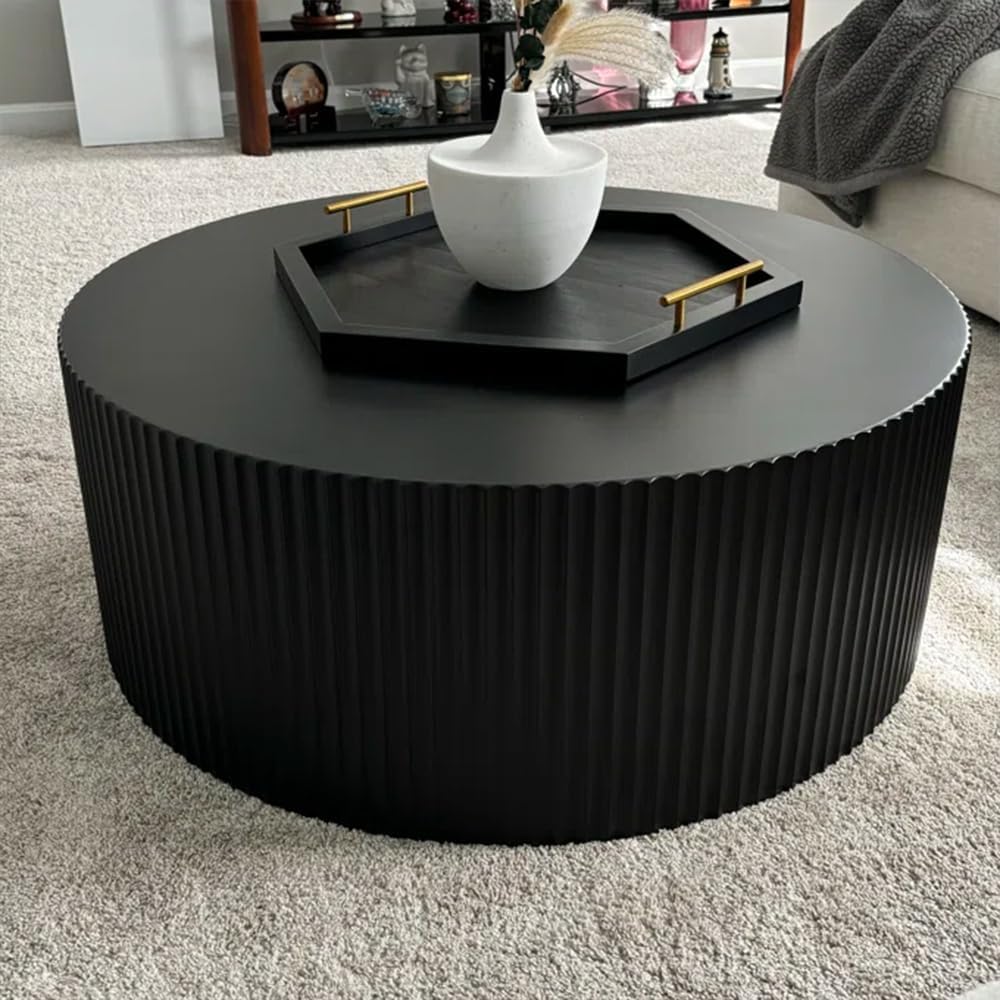 35.43'' Black Round Fluted Coffee Table Wood Circle Coffee Table for Living Room, Modern Contemporary Style, No Assembly, Black