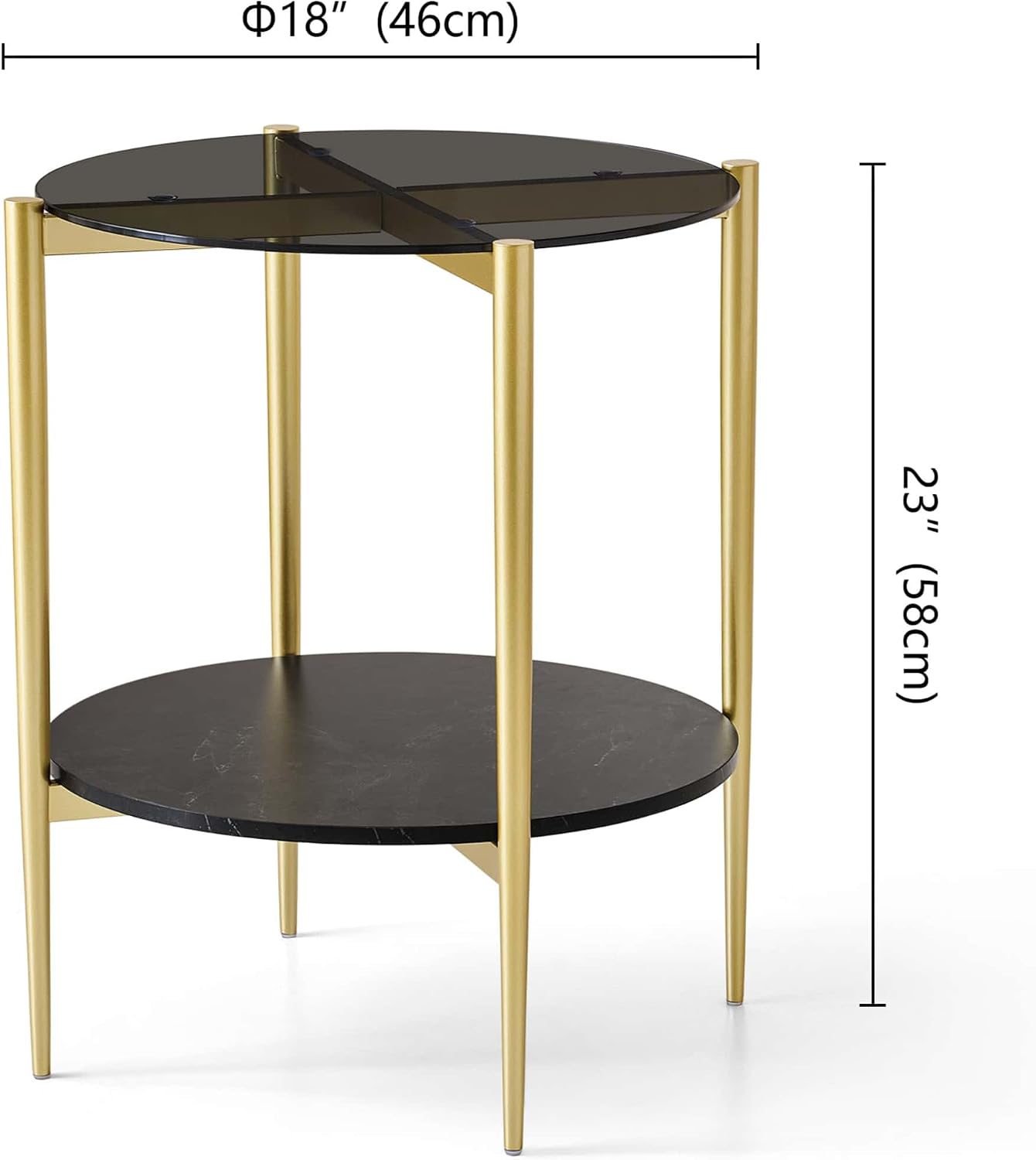 LumFurn Round Glass End Table, Mid-Century Modern Design Sofa Table for Living Room, D18 x H23 in, 2-Tier Structure, Grey Glass Top and Black Marble Shelf, Sleek Conical Legs with Gold Finish Frame