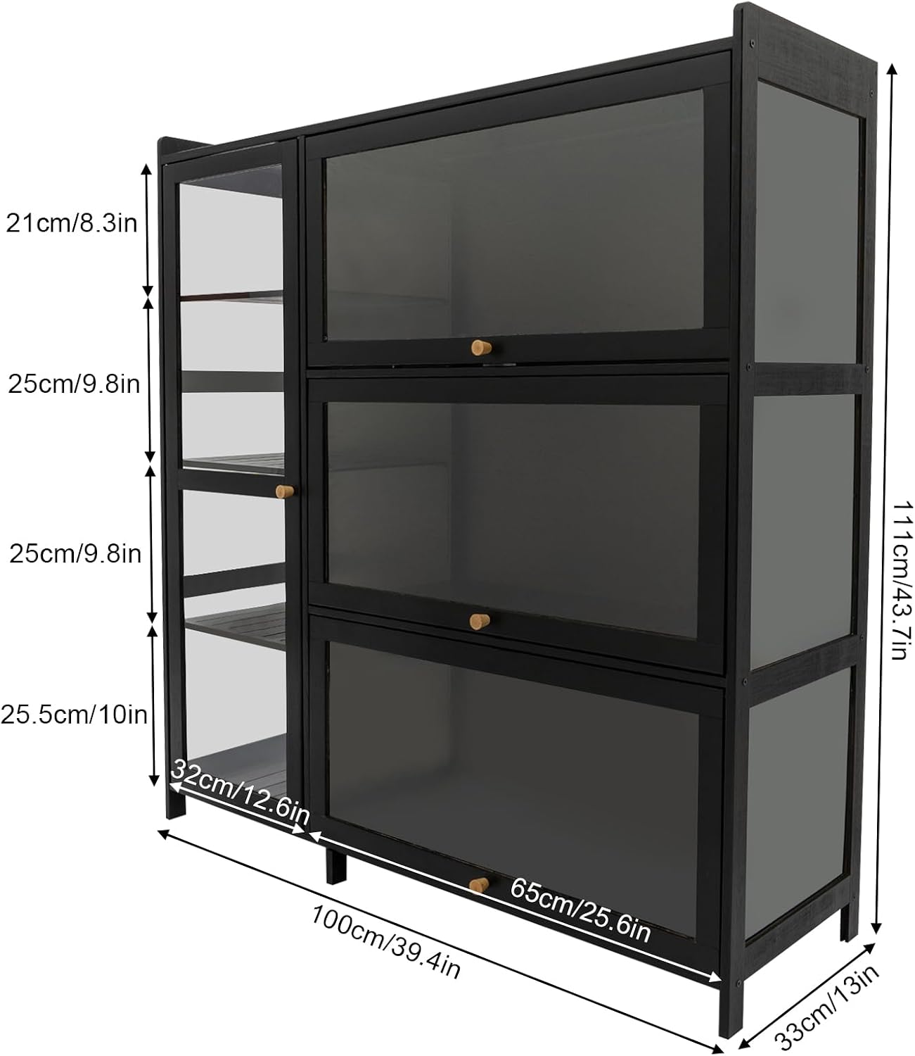 Display Cabinet with Acrylic Doors, 7 Storage Spaces Storage Cabinet & Curio Cabinet with Clear Acrylic Doors, Modern Black Bamboo & Composite Wood for Collectibles, Kitchen, Living Room