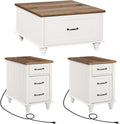 WAMPAT 3 Pieces Living Room Table Set, One Farmhouse Lift Top Coffee Table with Drawer, Set of 2 End Tables Nightstands with Charging Station, Off White