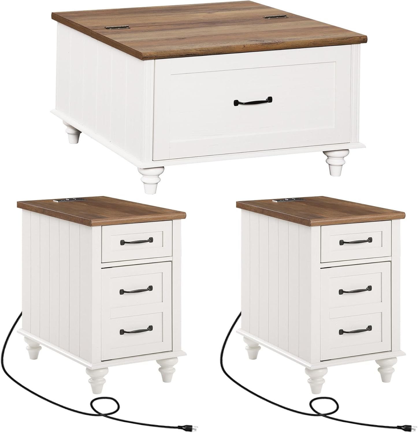 WAMPAT 3 Pieces Living Room Table Set, One Farmhouse Lift Top Coffee Table with Drawer, Set of 2 End Tables Nightstands with Charging Station, Off White