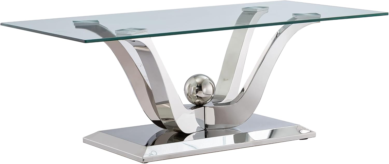 1 Piece Living Room Coffee Table Luxury Glass Center Table, Modern Silver Coffee Table with Floral-Shape Stainless Steel Pedestal Base