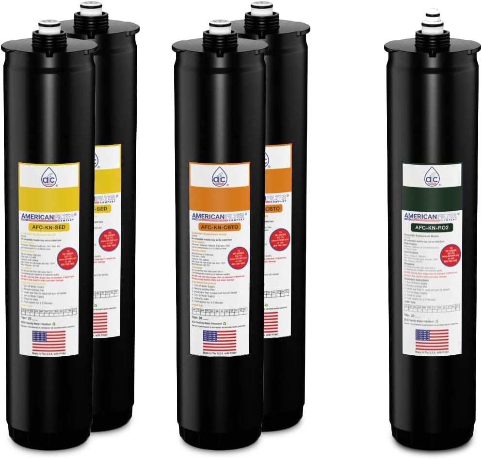 American Filter Company® Brand Model # AFC-KN-YOG Water Filters, Compatible with Kinetico® K5 systems, Cartridge set (Part # 9309A, 9306B & 12752A) Yellow/Orange/Green - 1 Year Pack
