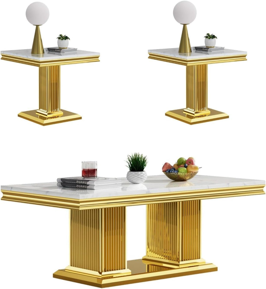 3 Pieces Living Room Table Set,White Faux Marble Coffee Table Set of 3, Modern Coffee Table and 2 End Table Set with Gold Column-Shaped Stainless Steel Base for Living Room Home Office