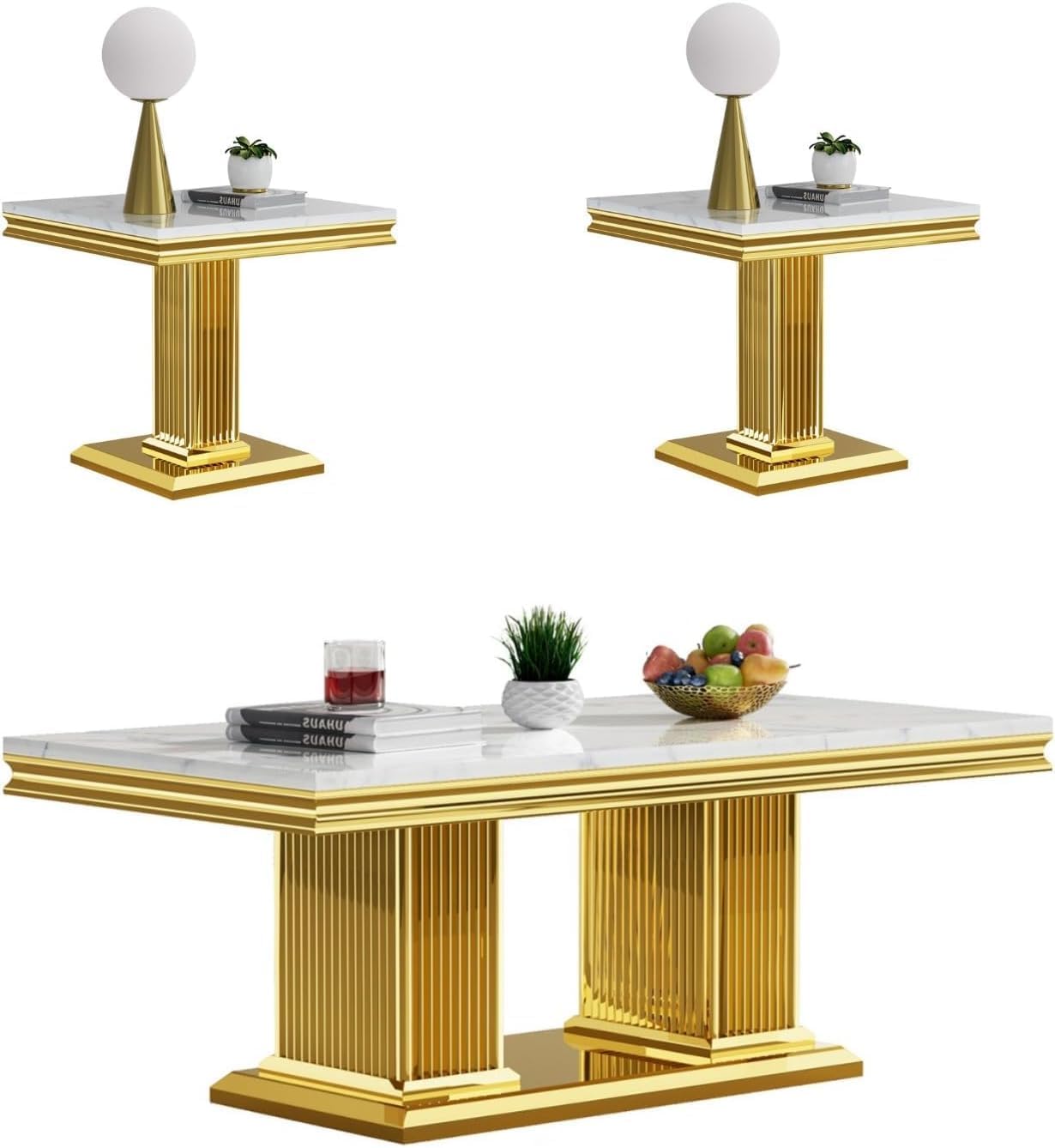 3 Pieces Living Room Table Set,White Faux Marble Coffee Table Set of 3, Modern Coffee Table and 2 End Table Set with Gold Column-Shaped Stainless Steel Base for Living Room Home Office