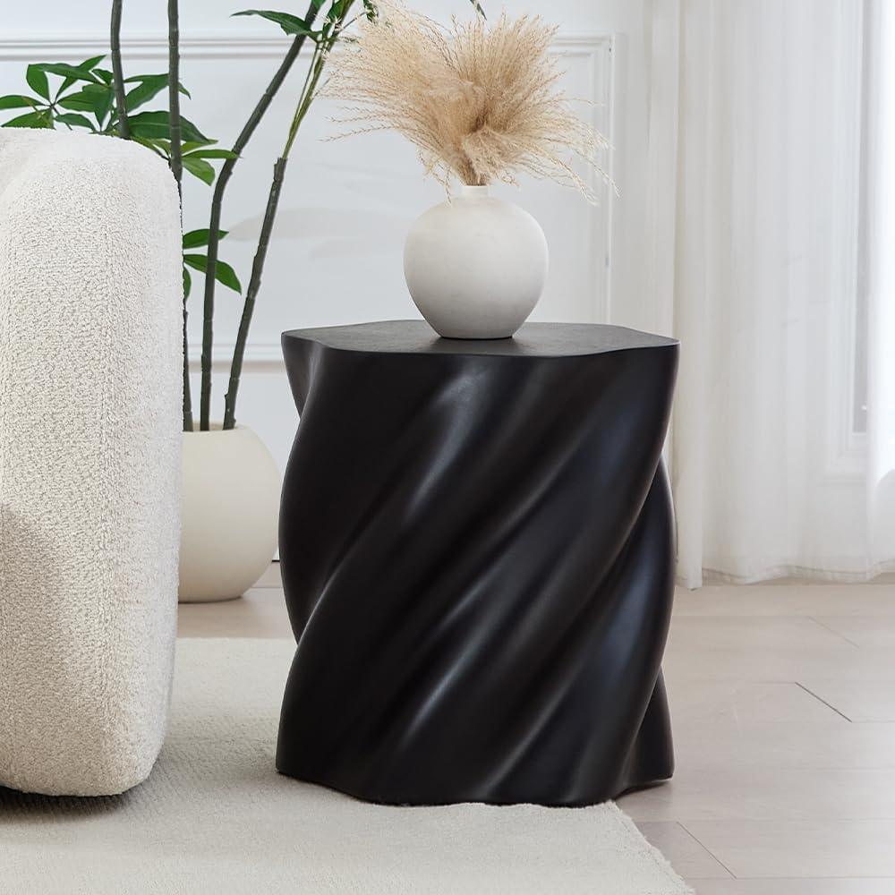 WILLIAMSPACE 17.72' End Table with Flower Shaped, Modern Drum Distorted Small Coffee Table Faux Stone Side Table for Living Room Apartment, Fiberglass, No Assembly (Black)