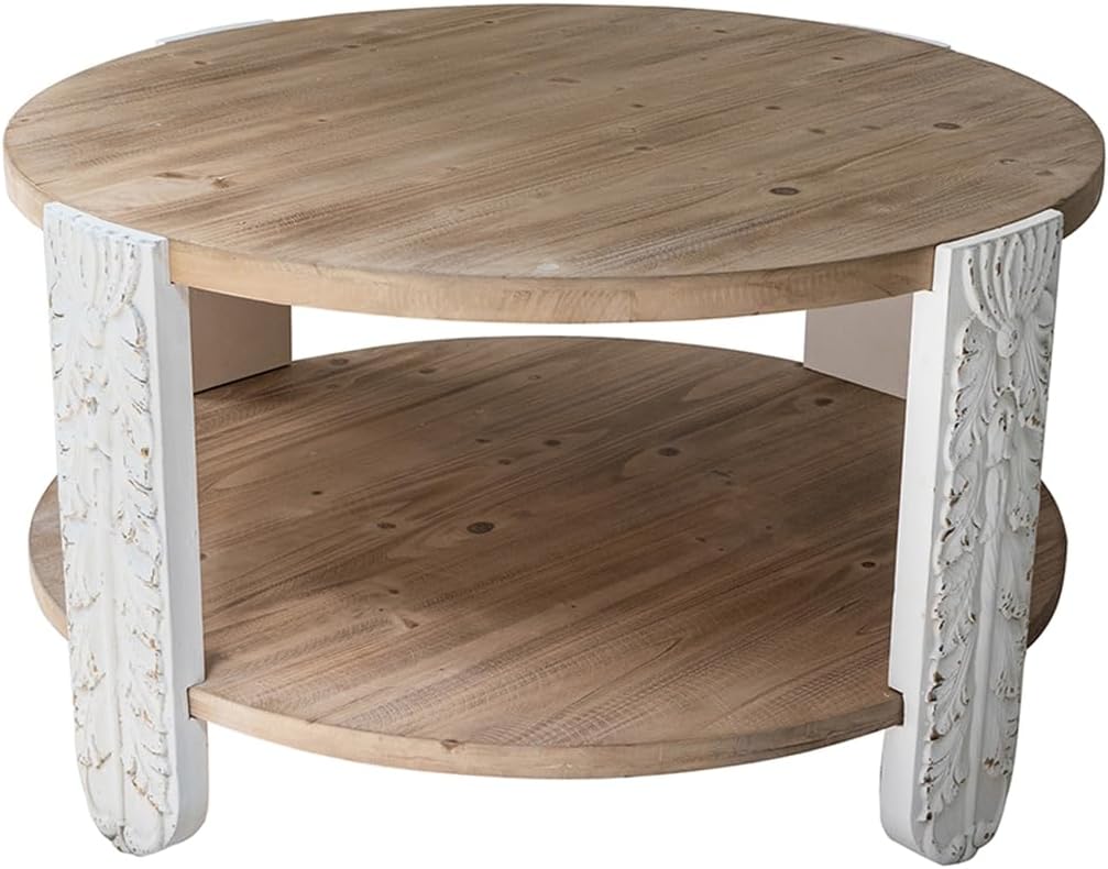 31.5'' Round Wood Coffee Table 2-Tier Circle Craft Rustic Coffee Table for Living Room, Modern Retro Farmhouse Style, Carved Leg & Easy Assembly, Brown & White